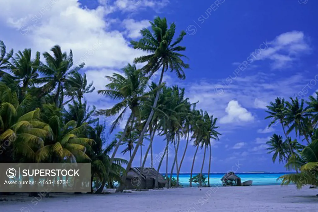 COOK ISLANDS, PALMERSTON ATOLL, TROPICAL ISLAND SCENE WITH THATCHED HUTS AND COCONUT PALM TREES