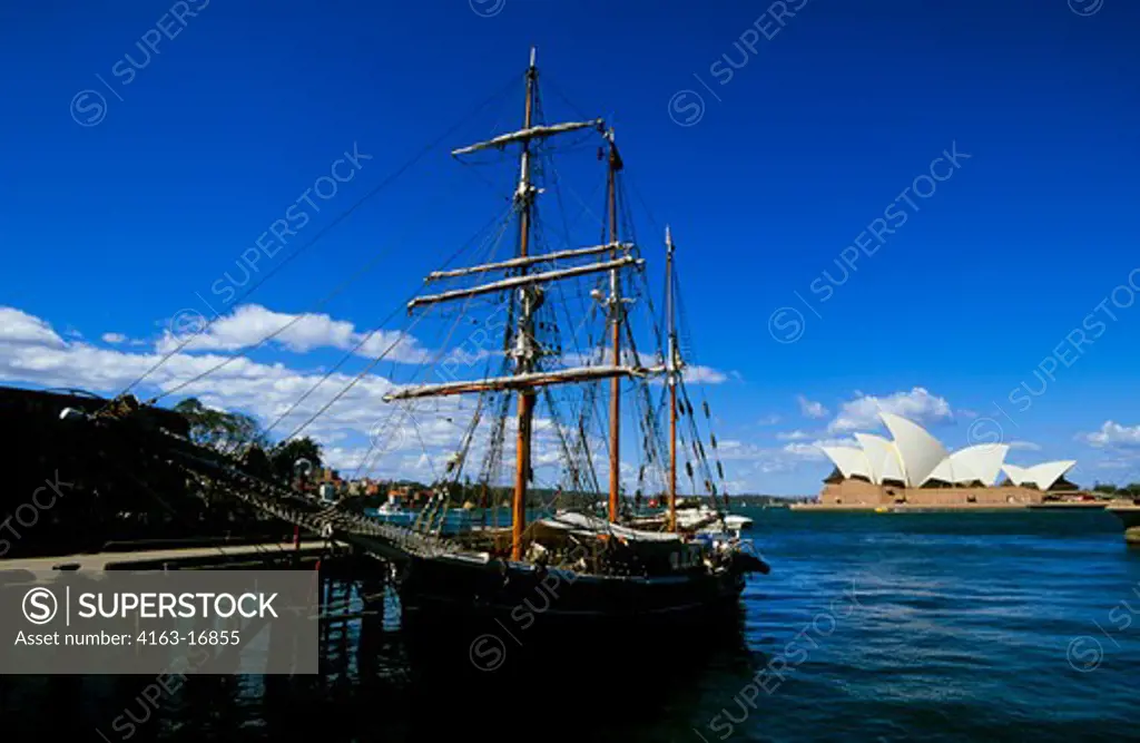 AUSTRALIA, SYDNEY, THE ROCKS, CAMPBELL COVE, TALL SHIP, OPERA HOUSE IN BACKGROUND
