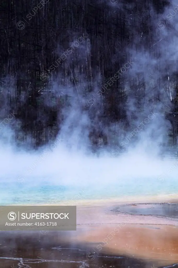 USA, WYOMING, YELLOWSTONE NP, MIDWAY GEYSER BASIN, STEAM RISING FROM GRAND PRISMATIC SPRING