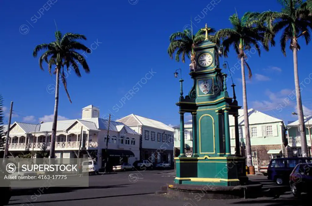 ST. KITTS, BASSETERRE, TOWN SQUARE, CLOCK TOWER