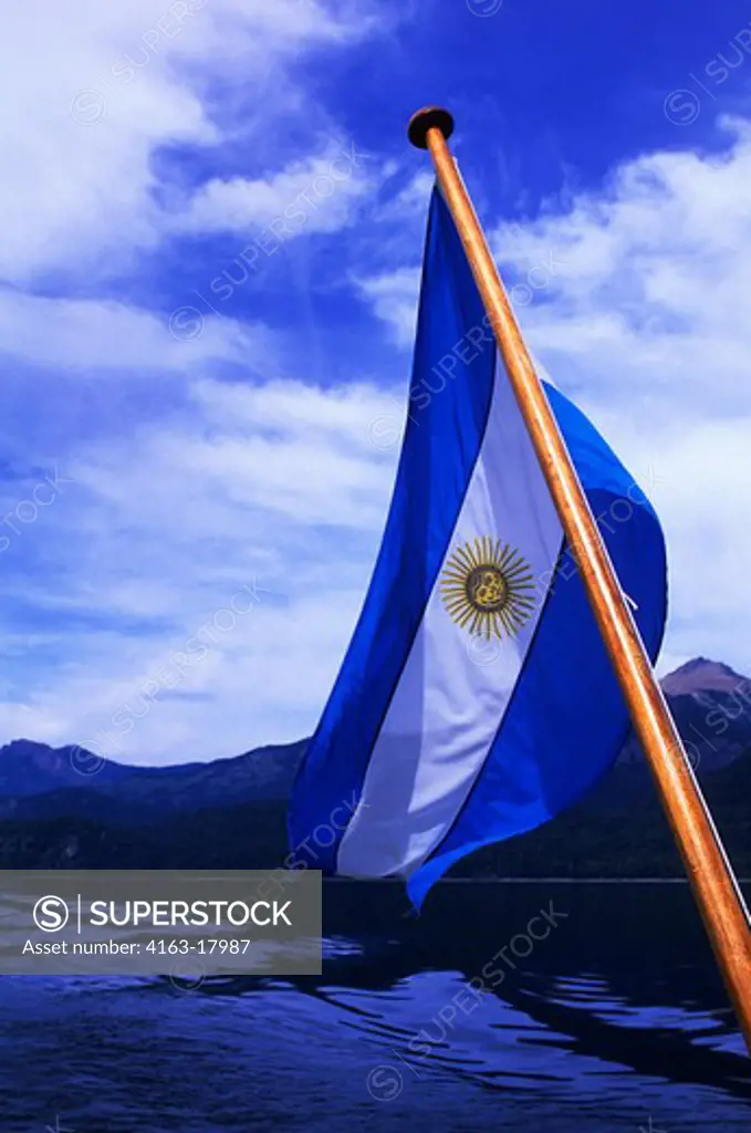 ARGENTINA, NEAR BARILOCHE, LAKE NAHUEL HUAPI, ARGENTINE FLAG