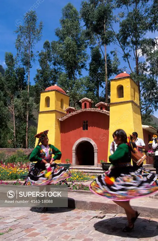 PERU, NEAR CUZCO, SACRED VALLEY, POSADA DEL INCA HOTEL, FOLK DANCES, CHURCH BACKGROUND