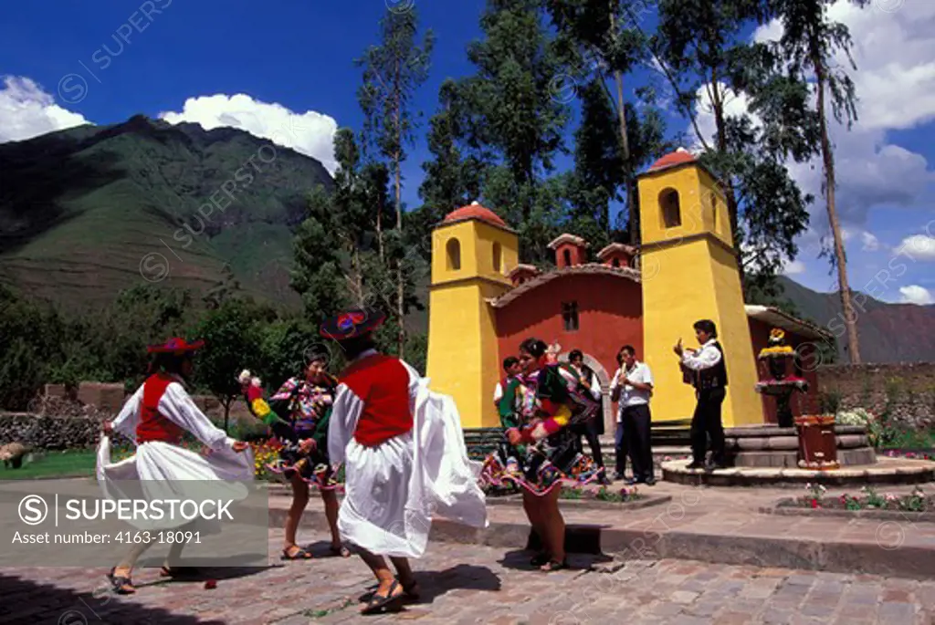 PERU, NEAR CUZCO, SACRED VALLEY, POSADA DEL INCA HOTEL, FOLK DANCES, CHURCH BACKGROUND