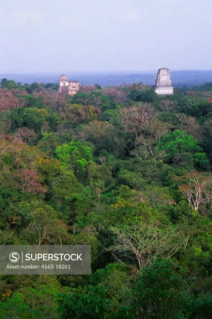 GUATEMALA, TIKAL, VIEW OF TEMPLE III (RIGHT), TEMPLE II AND TEMPLE I FROM TEMPLE IV