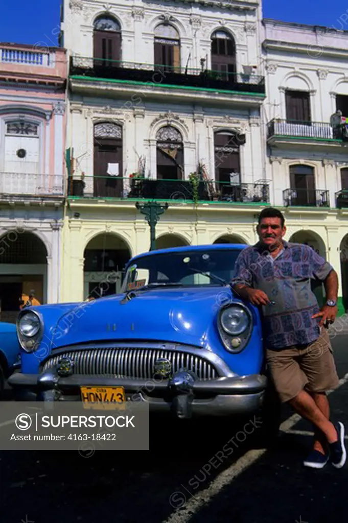 CUBA, HAVANA, STREET SCENE, OLD DODGE CAR WITH TAXI DRIVER