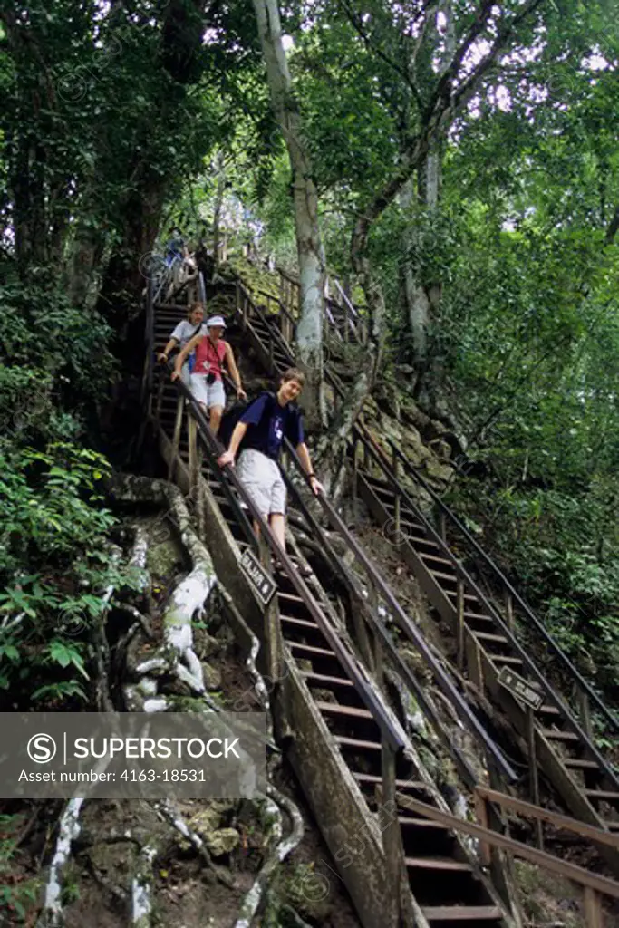 GUATEMALA, TIKAL, TEMPLE IV, TOURISTS DESCENDING STEPS (MR)