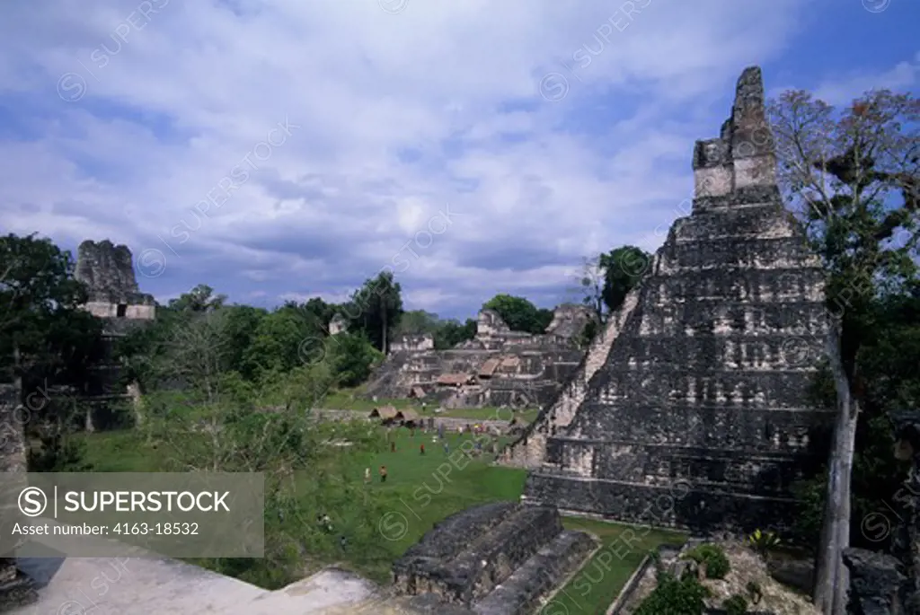 GUATEMALA, TIKAL, VIEW OF TEMPLE I (TEMPLE OF THE GIANT JAGUAR), GRAND PLAZA, AND TEMPLE II