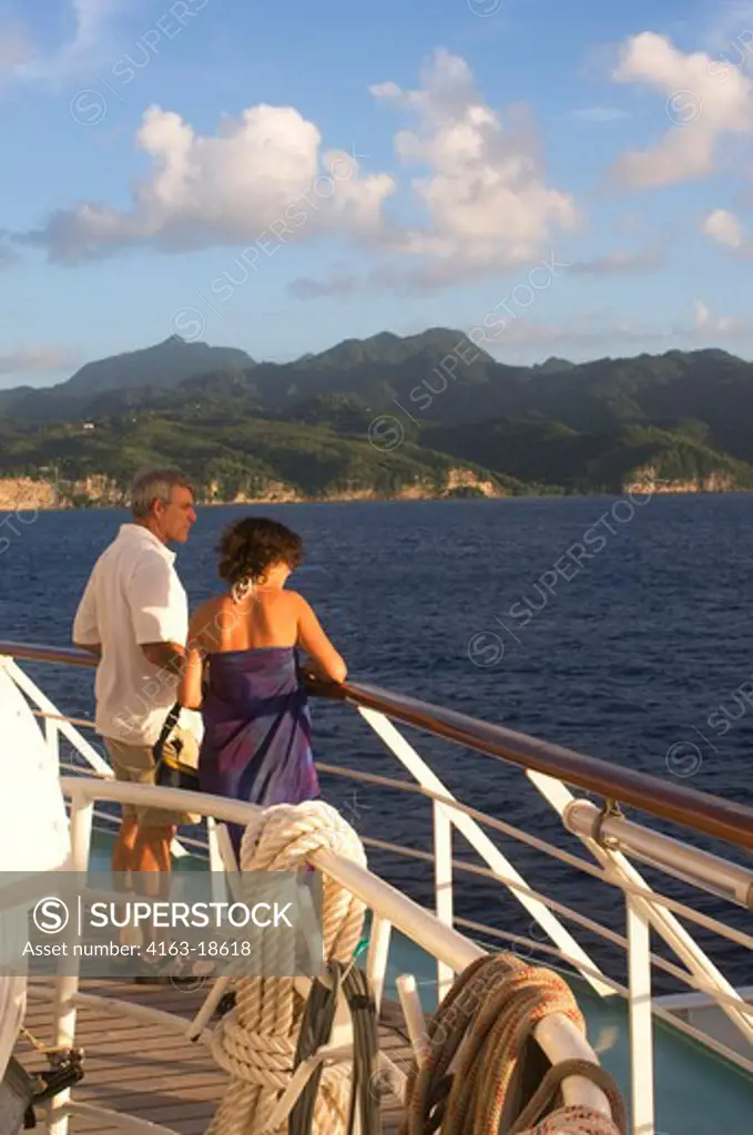 ST. LUCIA ISLAND, VIEW OF ISLAND, CRUISE SHIP WIND SURF, PASSENGERS ON DECK