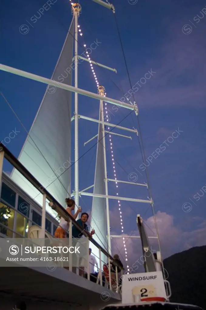 ST. LUCIA ISLAND, CRUISE SHIP WIND SURF, PASSENGERS ON DECK AT NIGHT, MODEL RELEASED