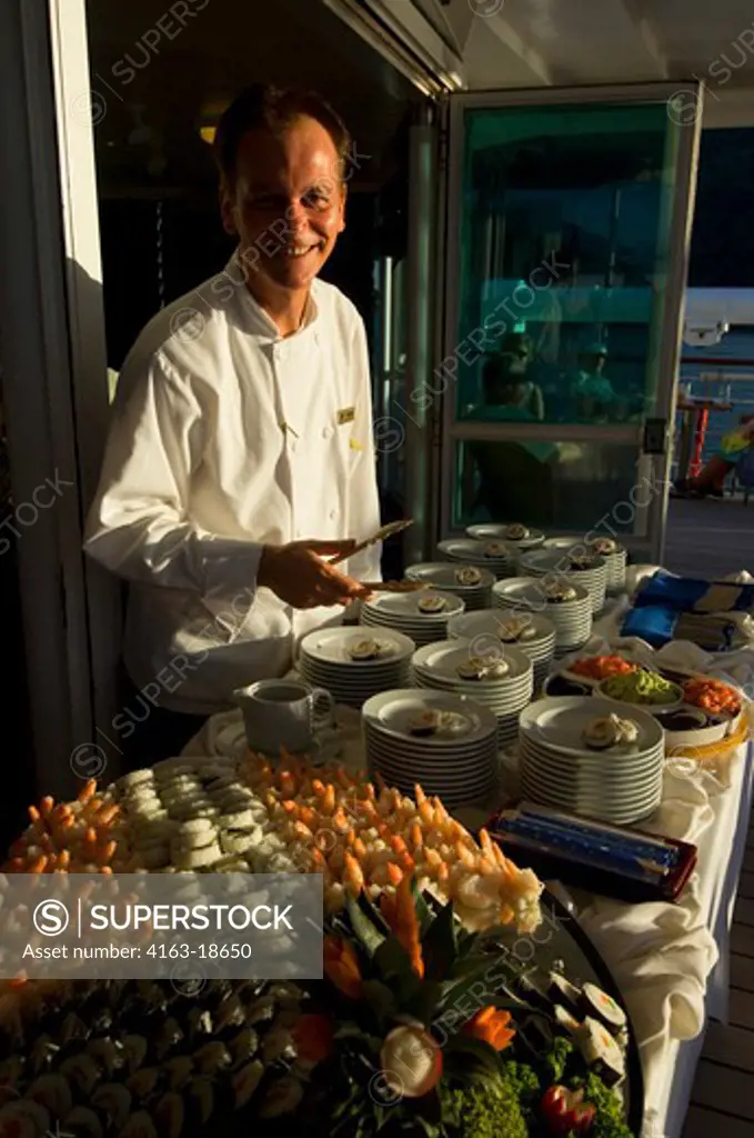 TOBAGO, CRUISE SHIP WIND SURF, CHEF WITH APPETIZERS