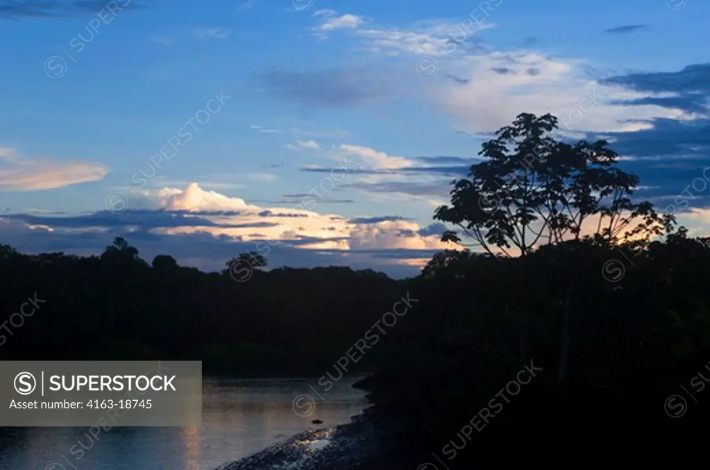 PERU, AMAZON RIVER BASIN, NEAR IQUITOS, MARANON RIVER, CHOROYACU RIVER TRIBUTARY, EVENING