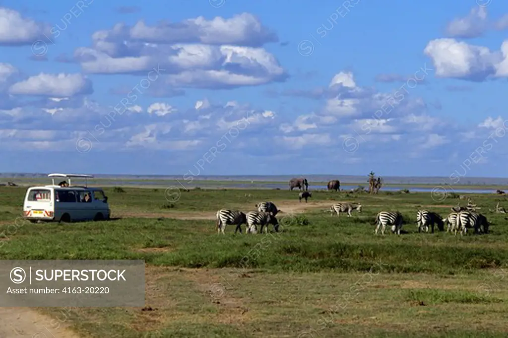 Kenya,Amboseli Nat'L Park Tourists Watching Elephants And Zebras