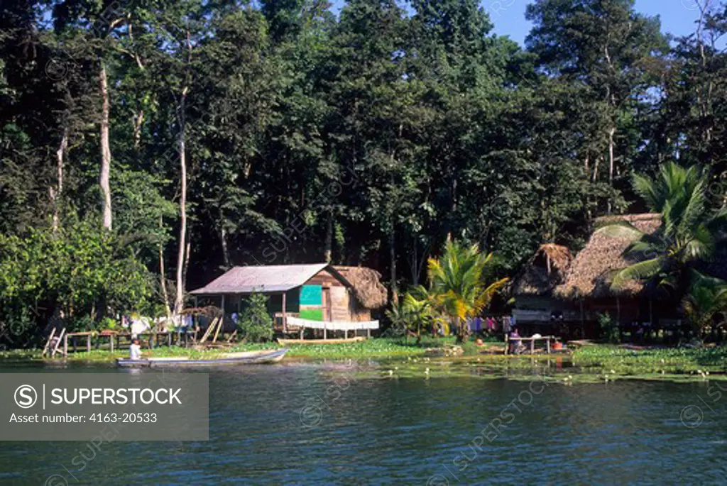 Guatemala, Rio Dulce, Rain Forest, Huts On Stilts, Water Lilies