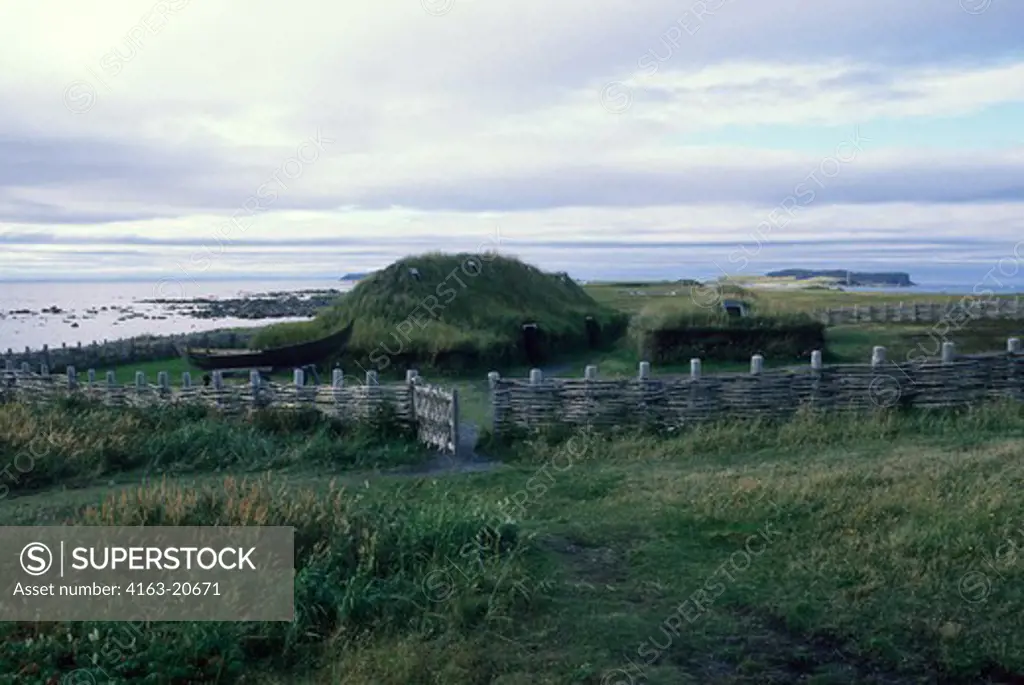 Canada, Newfoundland, L'Anse Aux Meadows Nhp, Replicas Of Norse Sod Houses From 1000 Years Ago, Fence