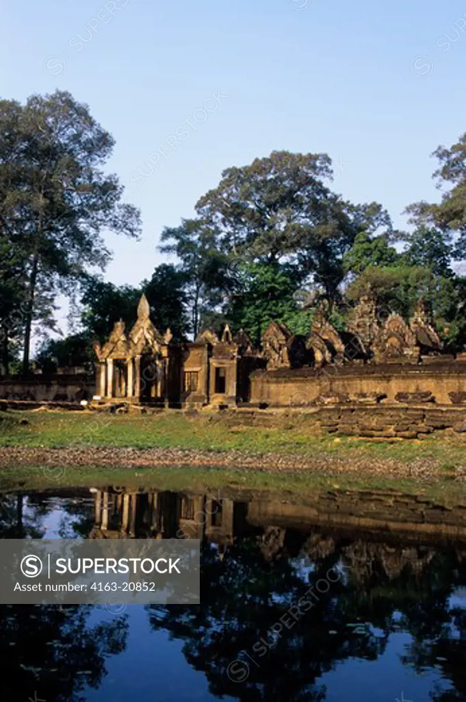 Cambodia, Siem Reap, Banteay Srey Temple Reflected In Pond