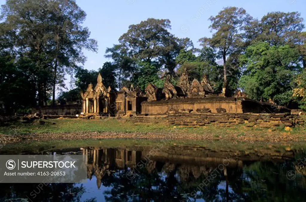 Cambodia, Siem Reap, Banteay Srey Temple Reflected In Pond