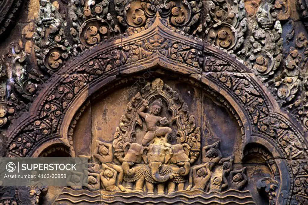 Cambodia, Siem Reap, Banteay Srey Temple, Detail Of Sandstone Carving