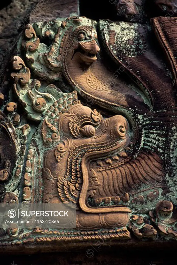 Cambodia, Siem Reap, Banteay Srey Temple, Detail Of Temple, Sandstone Carving, Detail