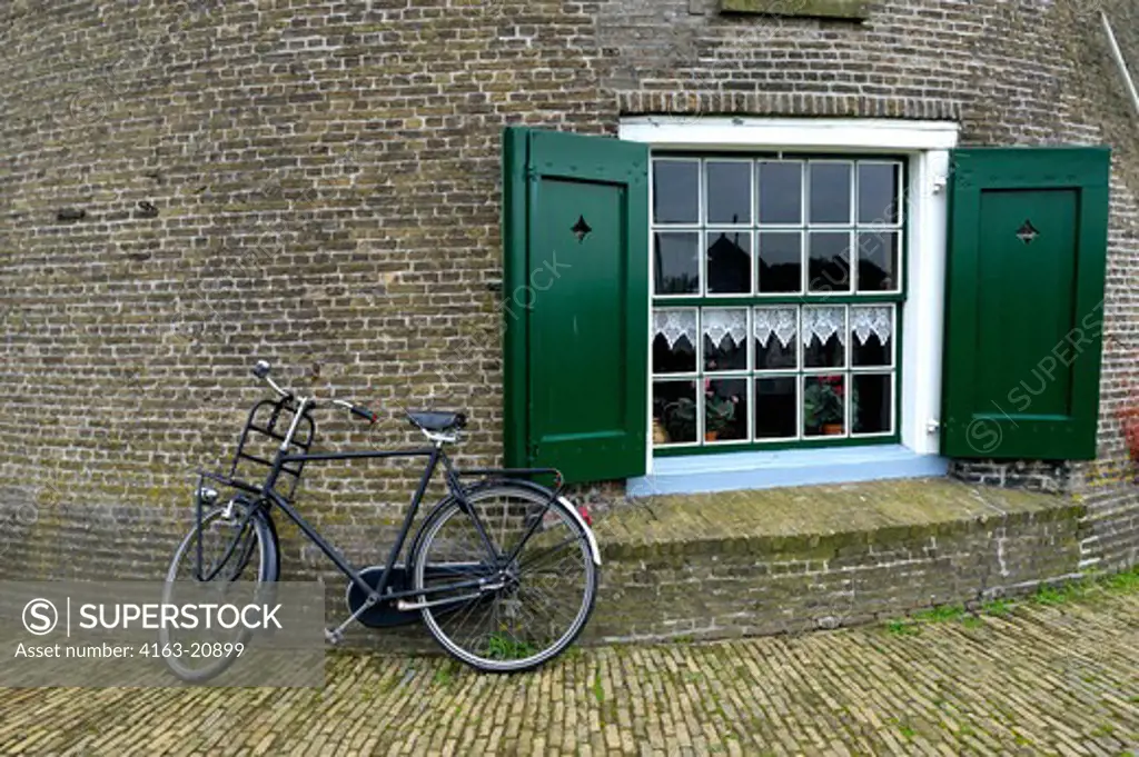 Netherlands, Kinderdijk, Windmill, Window And Bicycle