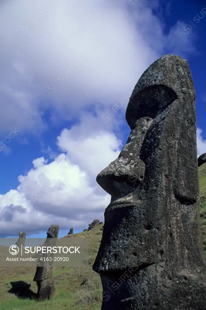 Chile, Easter Island, Rano Raraku Quarry, Moai Statues On Hillside