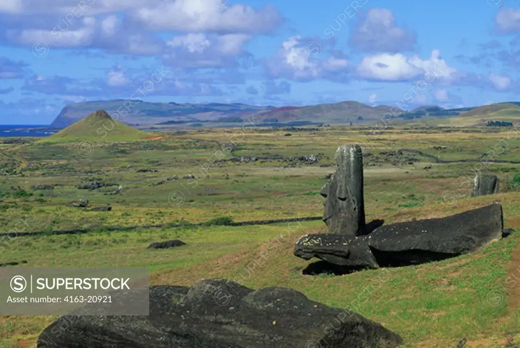 Chile, Easter Island, View From Rano Raraku Quarry Off Island With Moai Statues On Hillside
