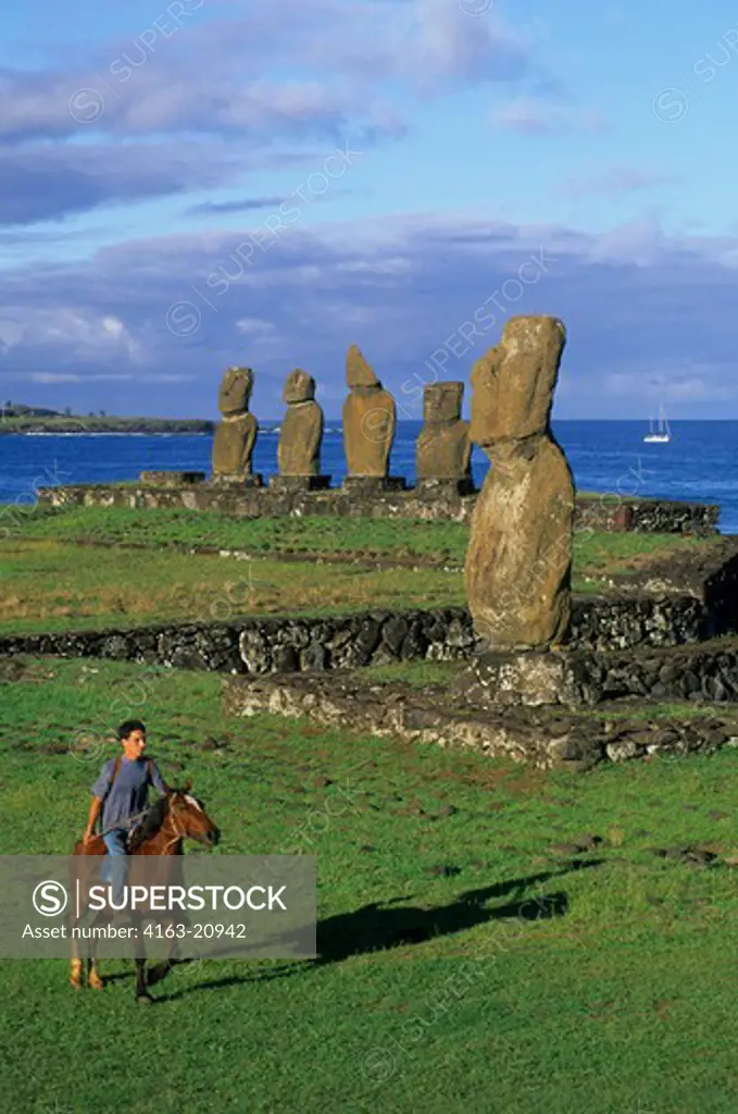 Chile, Easter Island, Hanga Roa, Ahu Tahai, Local Man On Horse