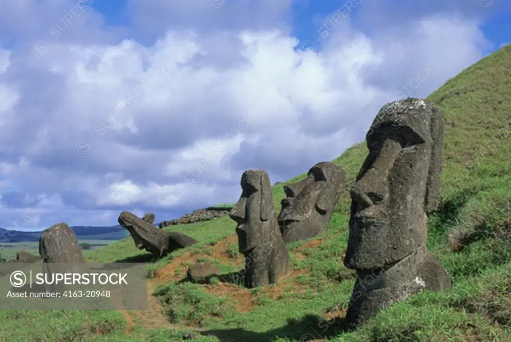 Chile, Easter Island, Rano Raraku, Quarry, Moai Statues On Hill