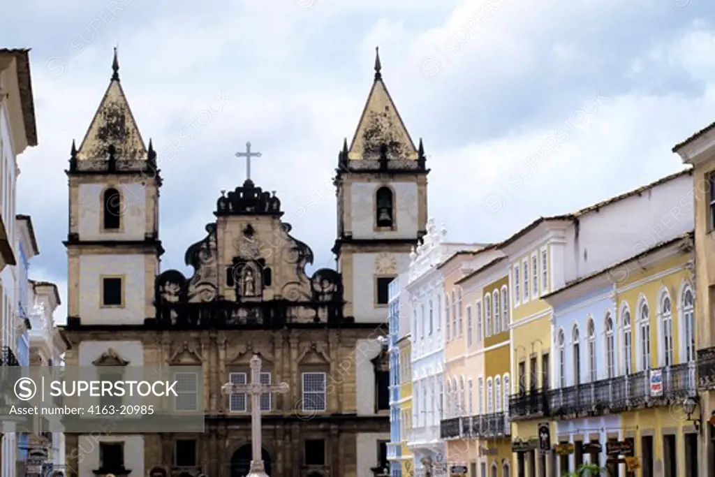 Brazil, Salvador De Bahia, Street Scene, Colonial Houses, San Francisco Church In Background