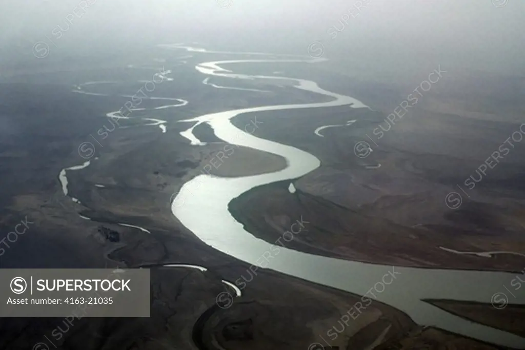 Mali, Near Timbuktu, Aerial Photo Of Niger River With Harmattan Dust Storm