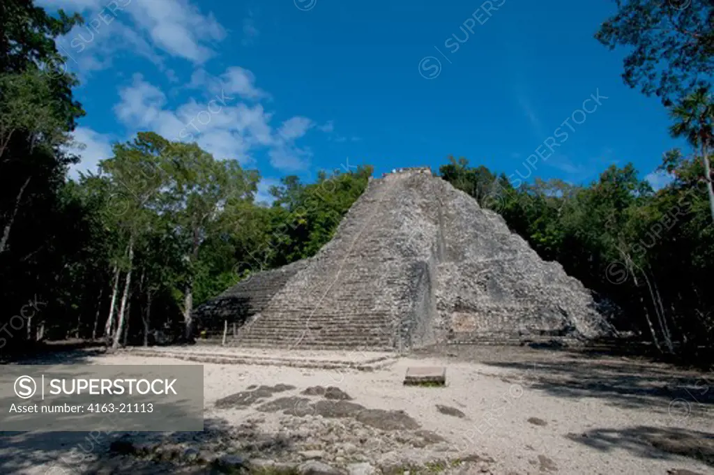 Mexico, Yucatan Peninsula, Near Cancun, Maya Ruins Of Coba, Nohoch Mut Group, View Of Castle, Pyramid