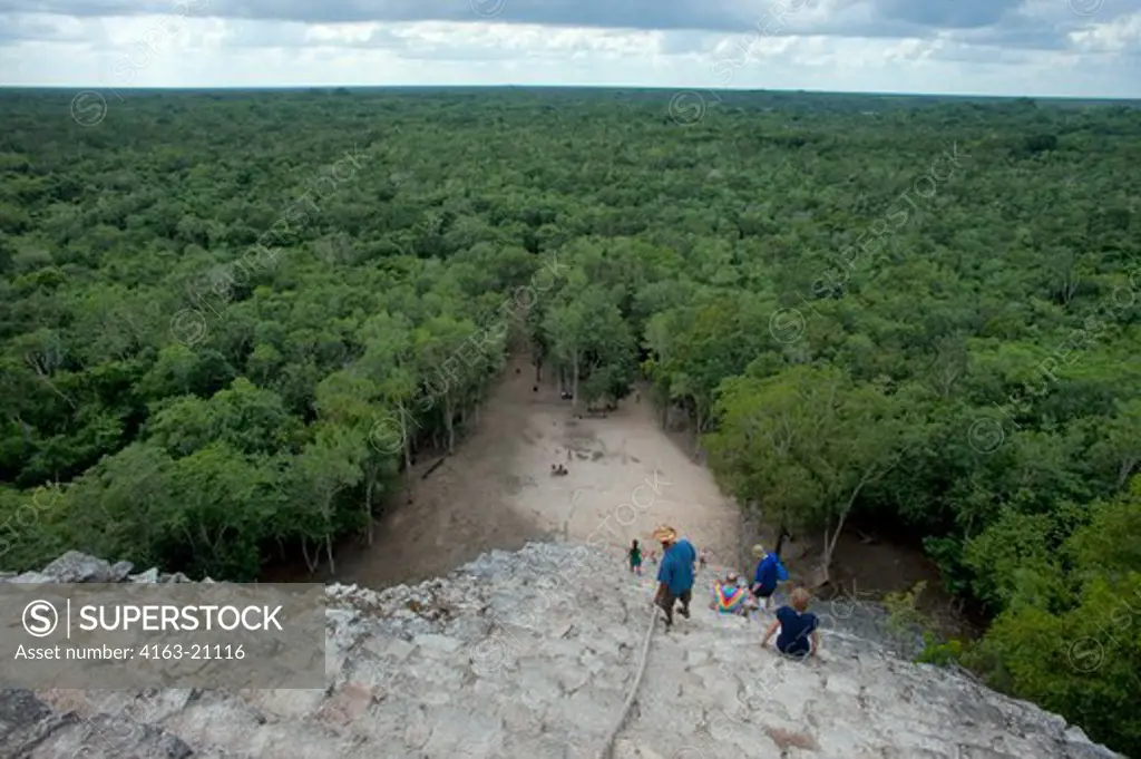 Mexico, Yucatan Peninsula, Near Cancun, Maya Ruins Of Coba, Nohoch Mut Group, Tourists Climbing Castle, Pyramid