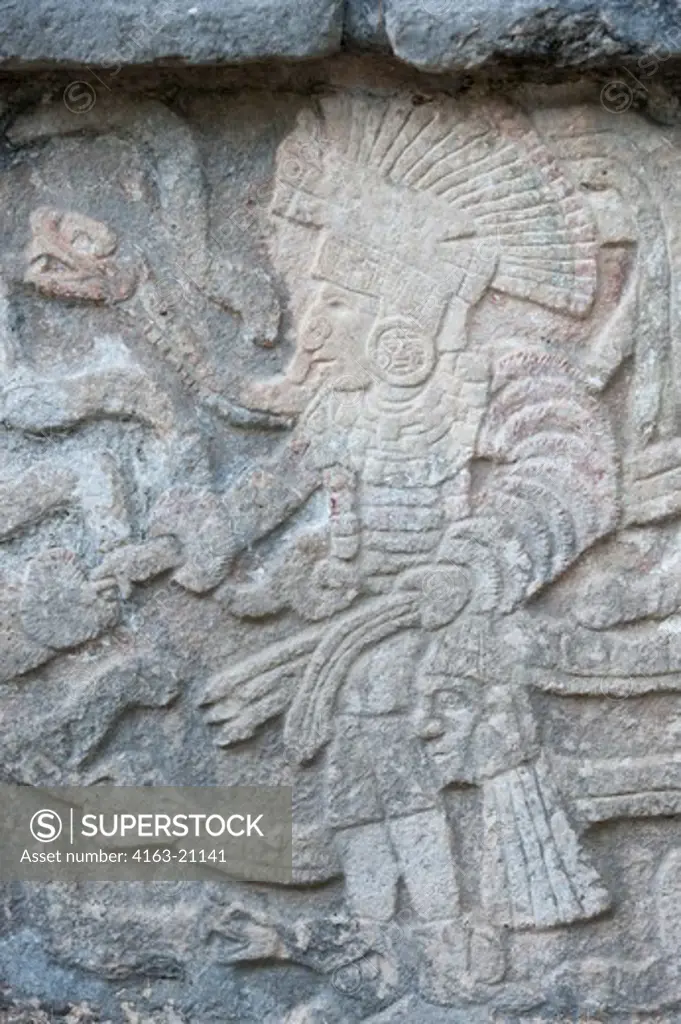 Mexico, Yucatan Peninsula, Near Cancun, Maya Ruins Of Chichen Itza, Platform Of The Eagles And Jaguars, Detail Of Stone Carvings, Man Holding Decapitated Head