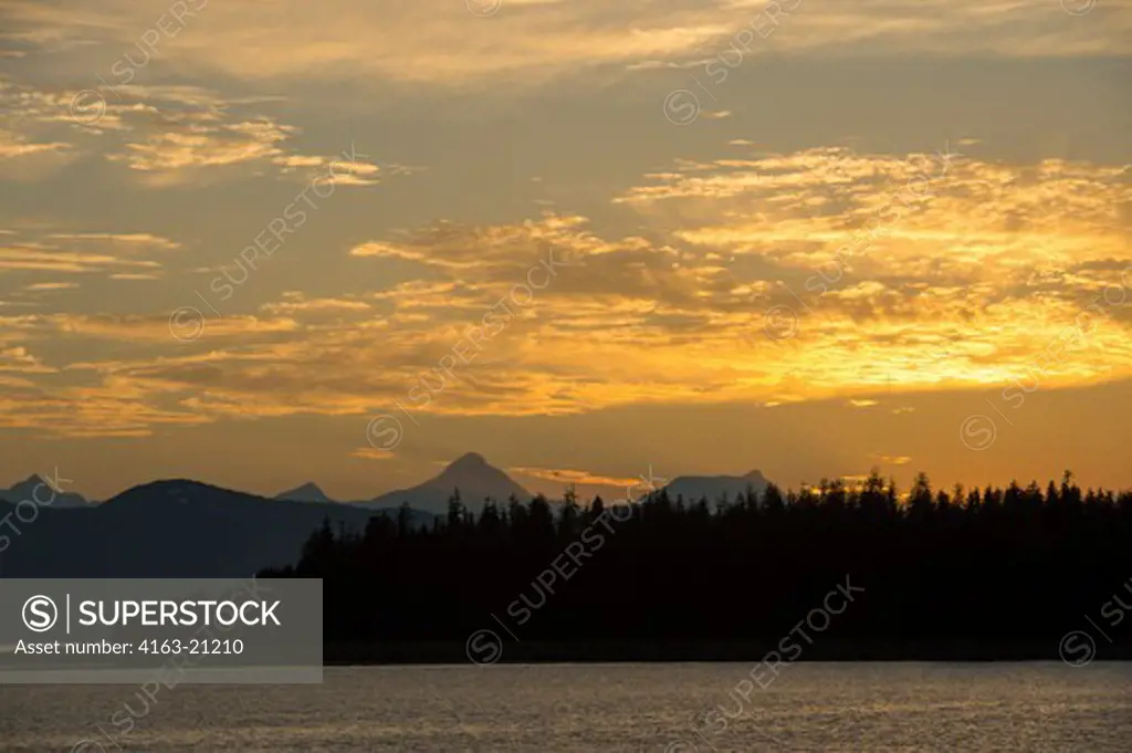 View of Fairweather Mountain range at sunset from the Sitakaday Narrows near Bartlett Cove, Glacier Bay National Park, Alaska, USA