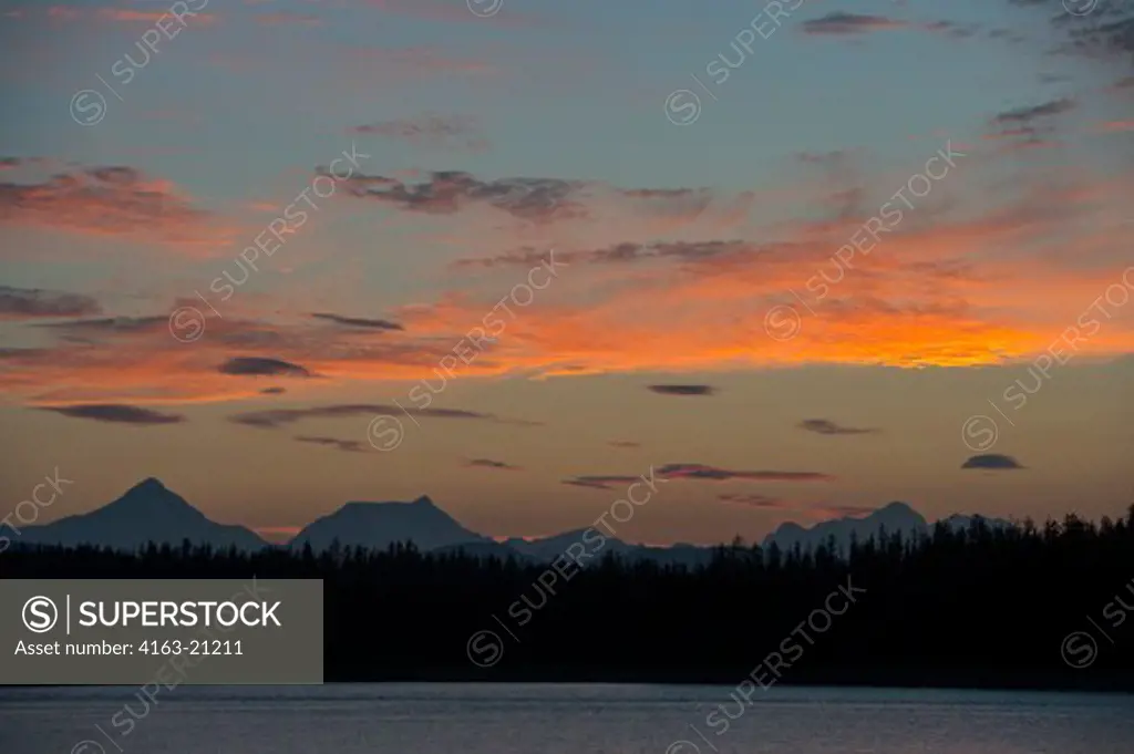 View of Fairweather Mountain range at sunset from the Sitakaday Narrows near Bartlett Cove, Glacier Bay National Park, Alaska, USA