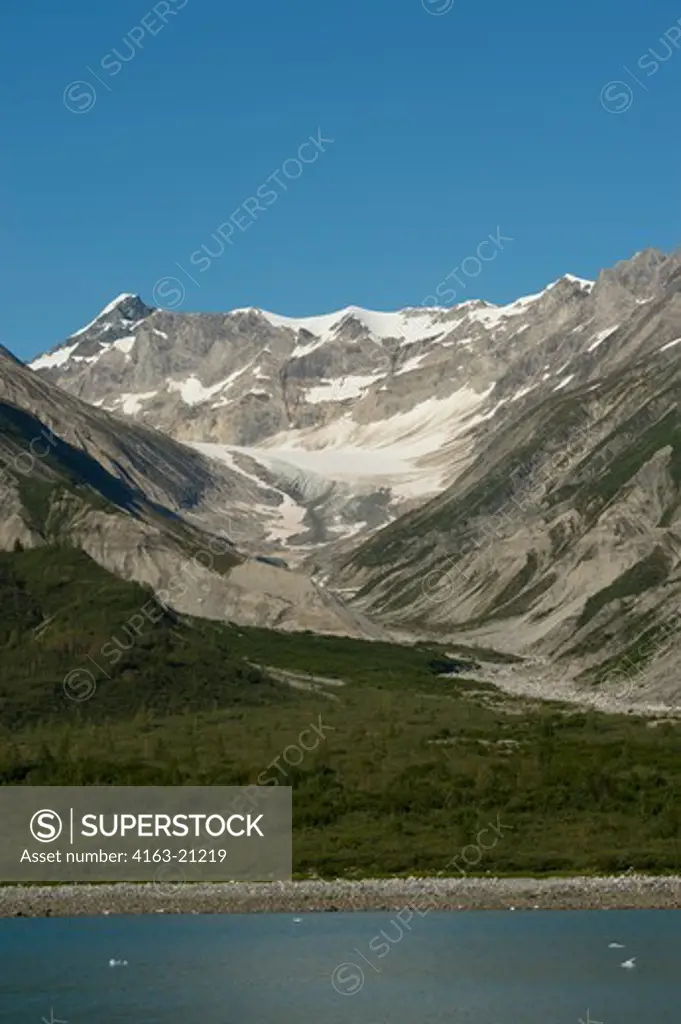 View of mountain landscape with terminal moraine and lateral moraines in Glacier Bay National Park, Alaska, USA