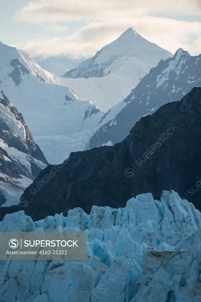 View of Margerie Glacier in Tarr Inlet with Fairweather Mountain Range in background, Glacier Bay National Park, Alaska, USA