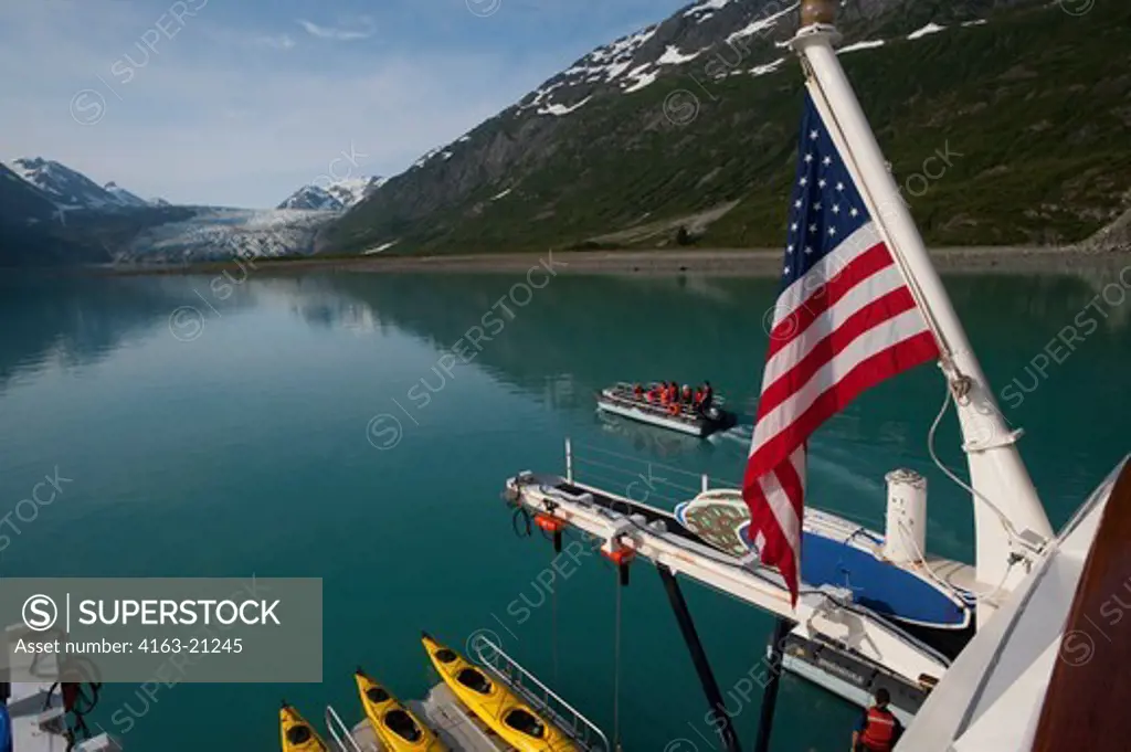 Passengers of cruise ship Safari Endeavour on boat tour near Reid Glacier in Glacier Bay National Park, Alaska, USA