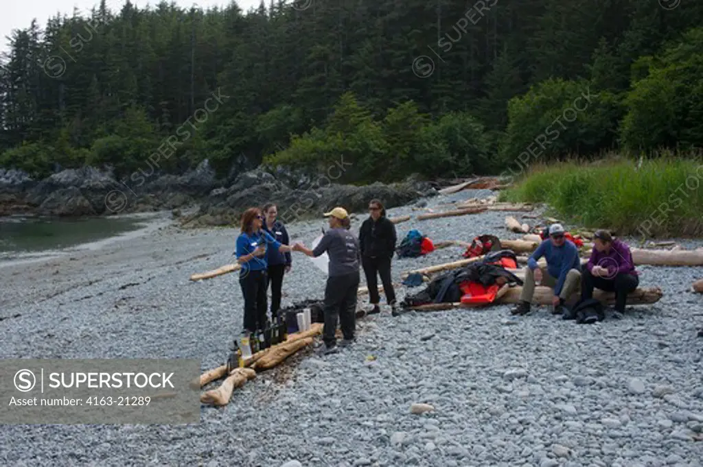 Beach bar for passengers of cruise ship Safari Endeavour on beach in bay at George Island, off Chichagof Island, Tongass National Forest, Alaska, USA
