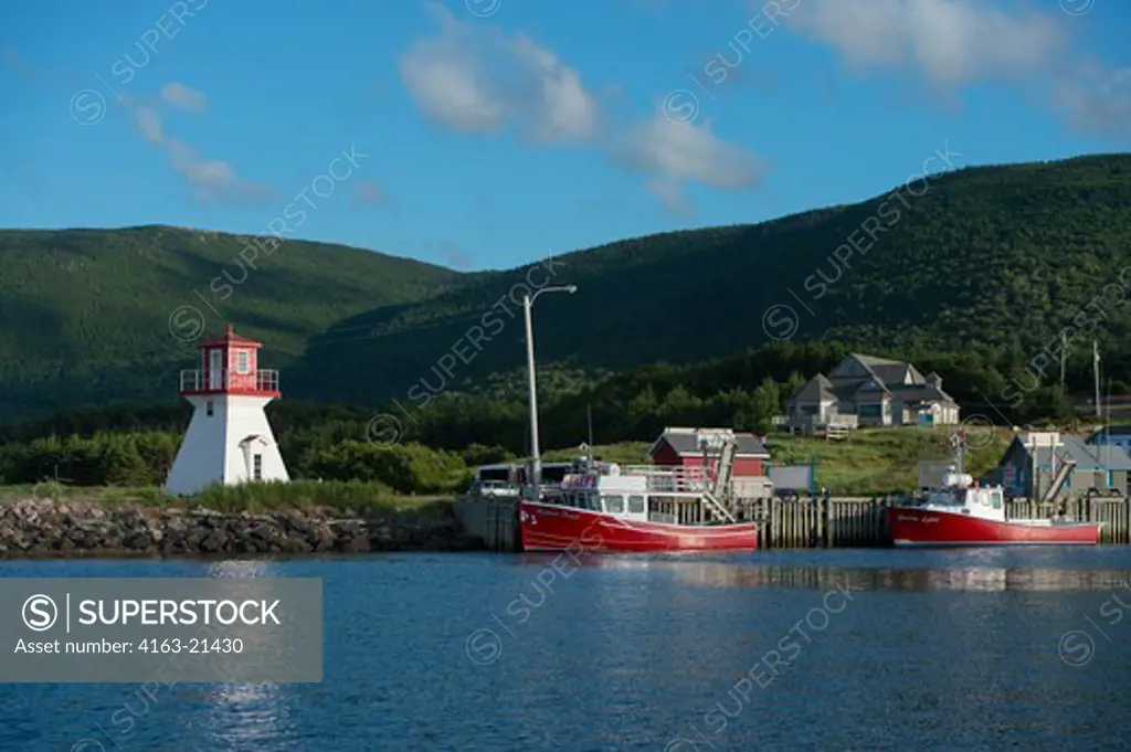 Fishing Port Of Pleasant Bay With Lighthouse Along The West Coast Of Cape Breton Island, Nova Scotia, Canada