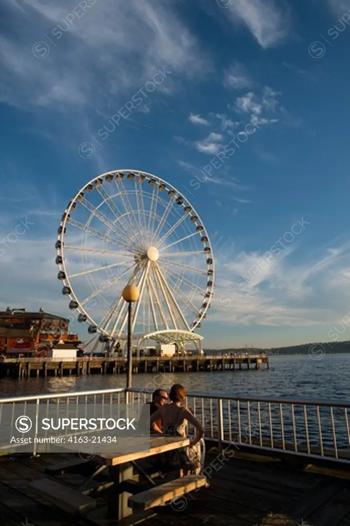 View From Seattle Waterfront Park Of The Great Wheel (Ferris Wheel) At Seattle'S Pier 57, Washington State, Usa