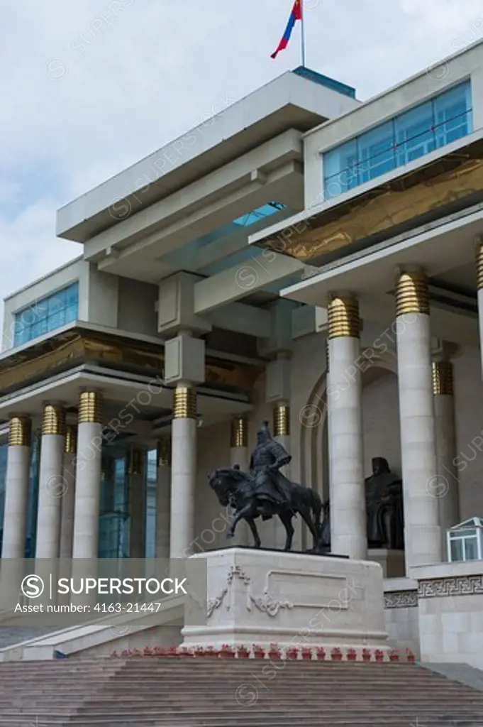 Mongolian Parliament Building With Statue Of Chinggis Khan On Sukhbaatar Square In The Center Of Ulaanbaatar, Mongolia