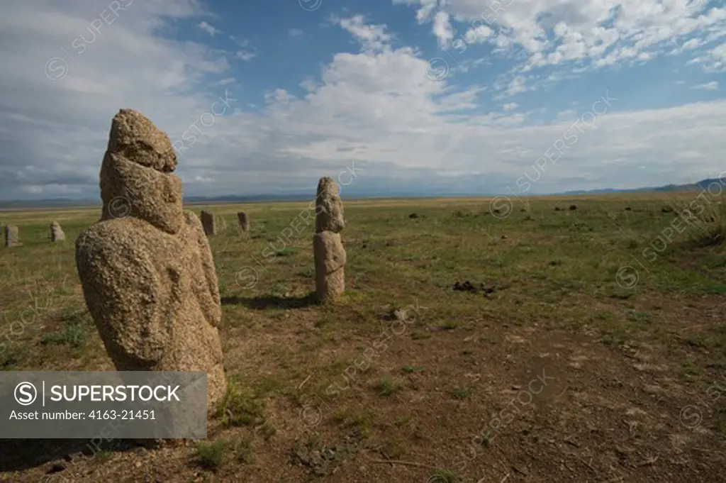 Ongot Grave (Neolithic Grave) In Tuul River Valley With Carved Grave Stones, Carved By People Of Turkic Origin About 1200 To 1400 Years Ago, Hustai National Park, Mongolia