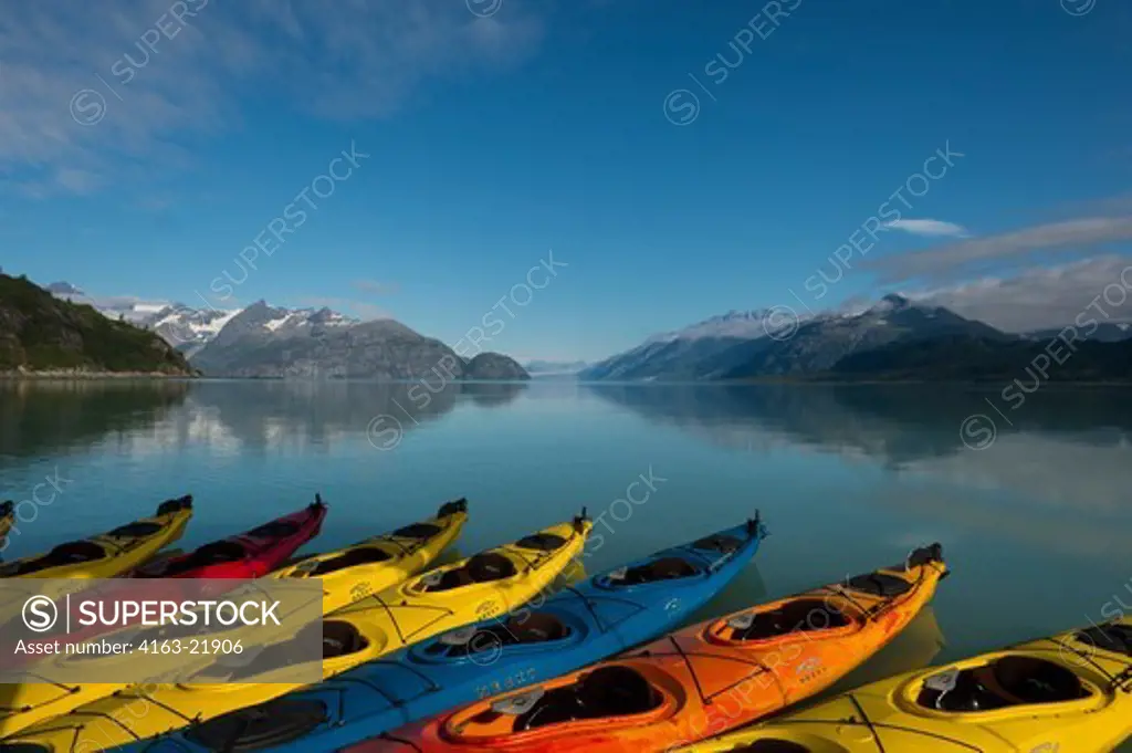 Sea Kayaks Next To Cruise Ship Safari Endeavour With Tarr Inlet And The Grand Pacific Glacier In Background In Glacier Bay National Park, Southeast Alaska, USA,