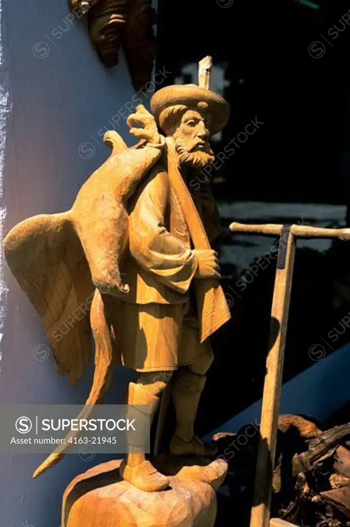 Germany, Bavaria, Oberammergau, Wood Carving, Statue Of Hunter