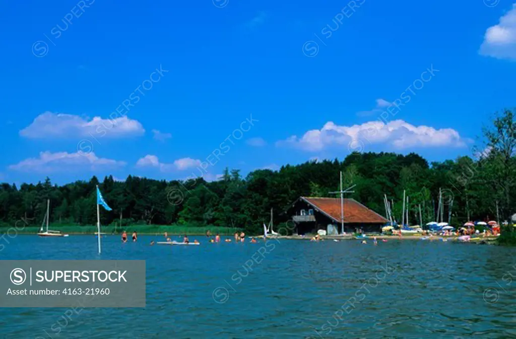 Germany, Bavaria, Starnberger See, Lake, Near Seeshaupt, People Swimming