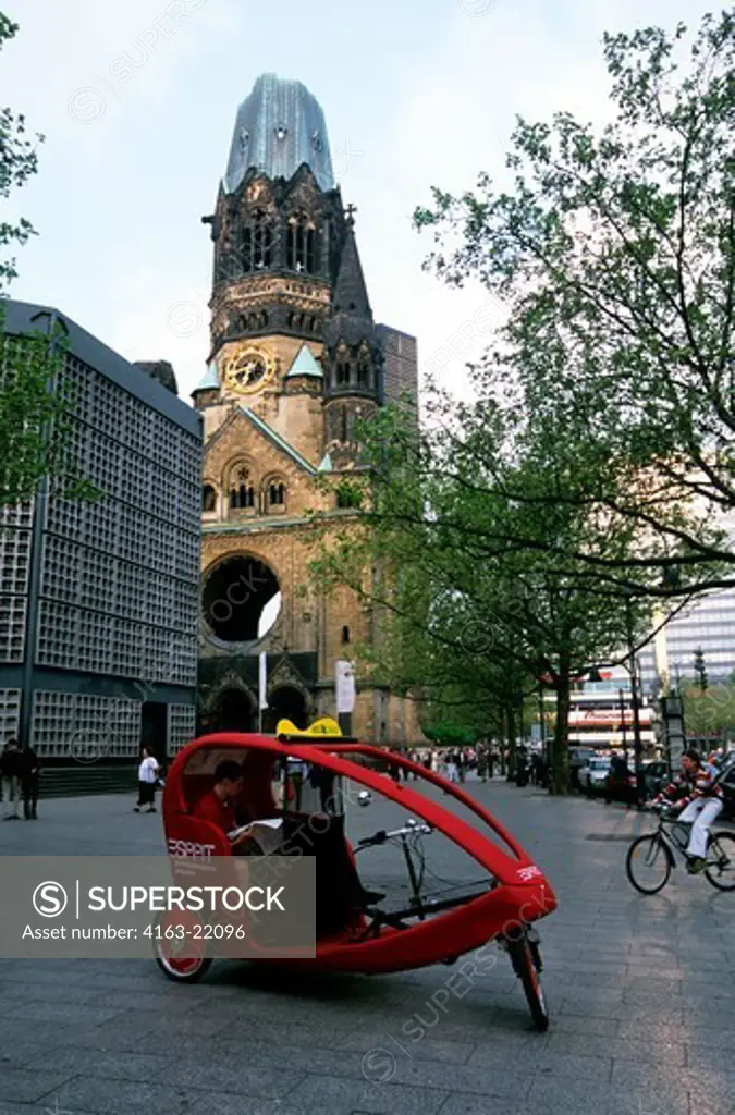 Germany, Berlin, Kurfurstendamm, Kaiser-Wilhelm-Gedachtnis Church, Modern Bicycle Rickshaw