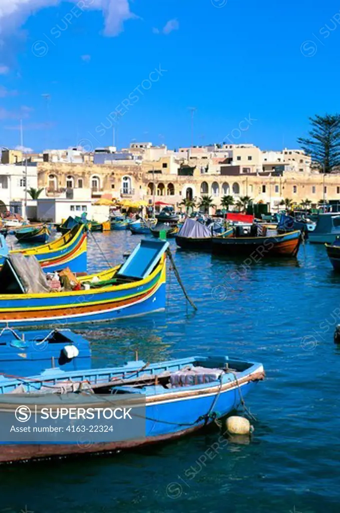 Malta, Fishing Village Of Marsaxlokk, Port With Colorful Fishing Boats