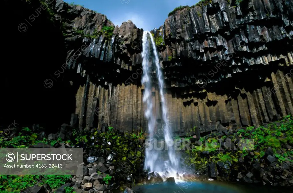 Iceland, South Coast, Skaftafell National Park, Svartifoss Waterfall, Basalt Columns