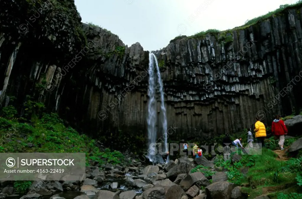 Iceland, South Coast, Skaftafell National Park, Svartifoss Waterfall, Basalt Columns, Tourists