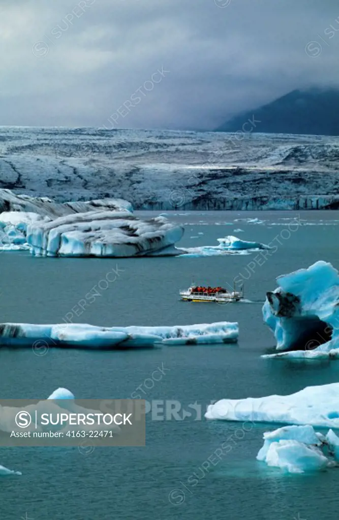 Iceland, South Coast, Vatnajokull, Glacier Lagoon With Icebergs, Amphibian Excursion Boat